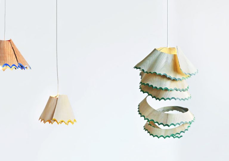 A Giant Sharpener Creates Playful Pendant Lights That Mimic Colored Pencil Shavings