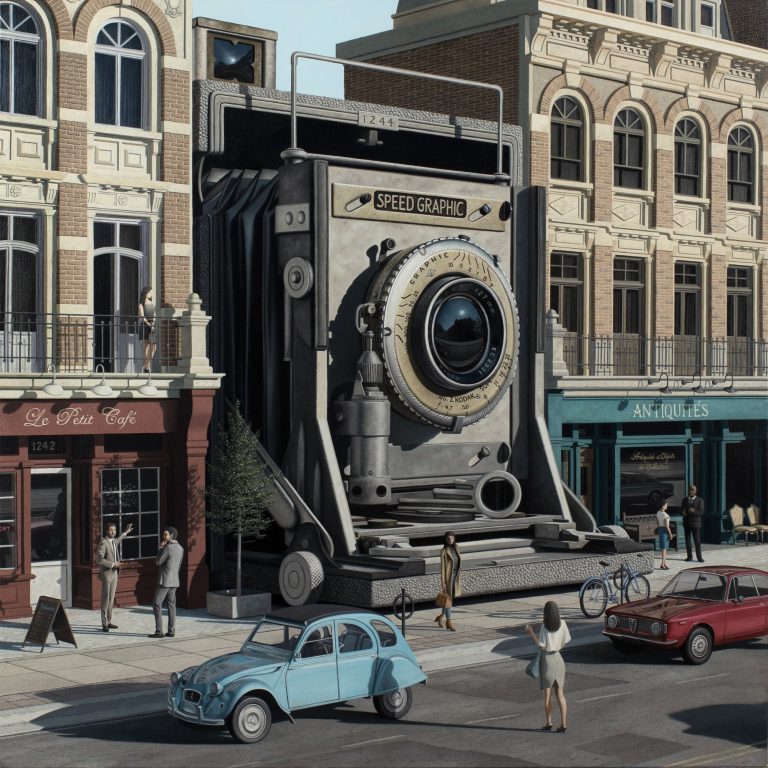 Vintage Cameras Focus on the Surveillance of Modern Life in Jeff Bartels’s Uncanny Paintings