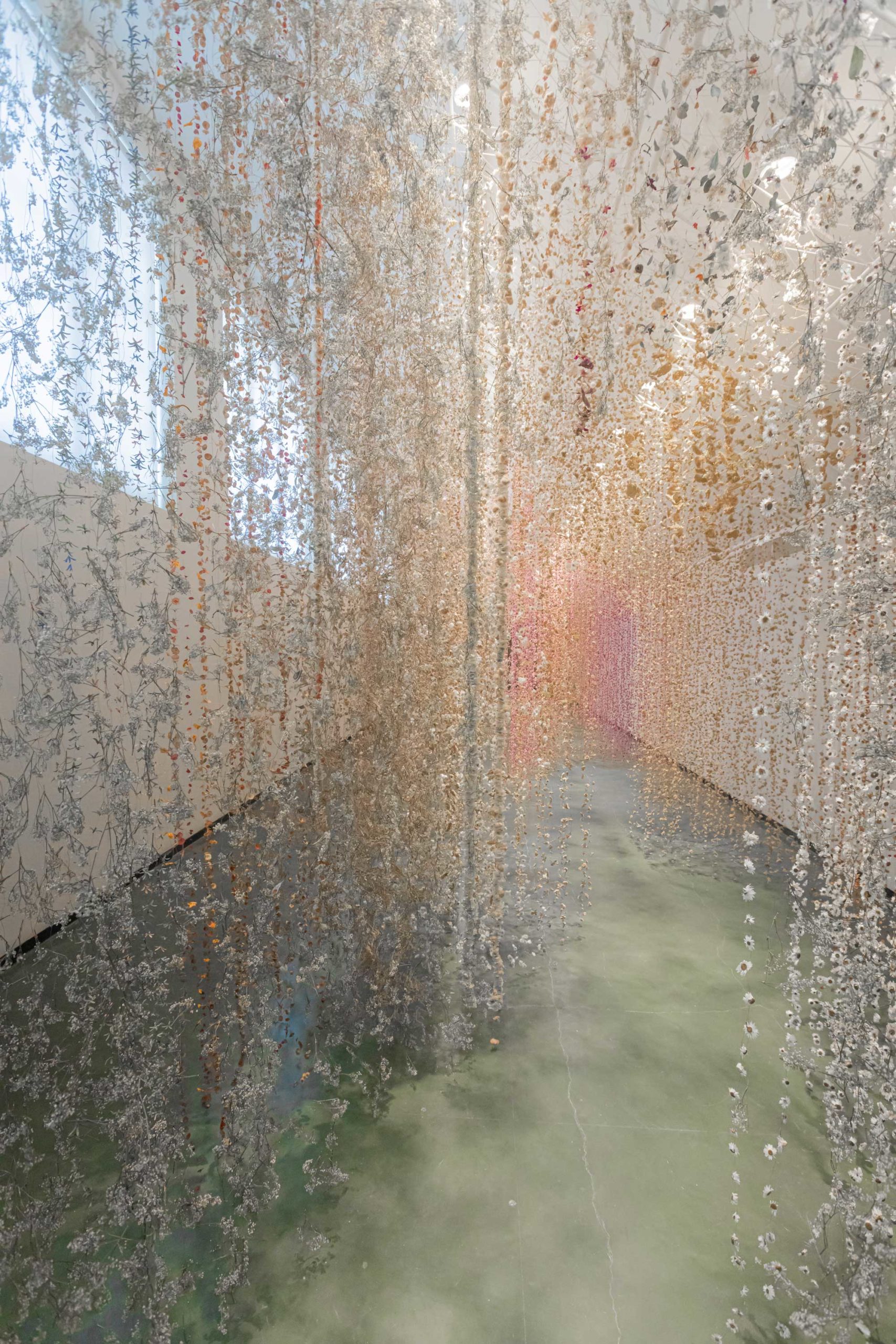 An installation by Rebecca Louise Law made of thousands of fried flowers suspended from the ceiling.