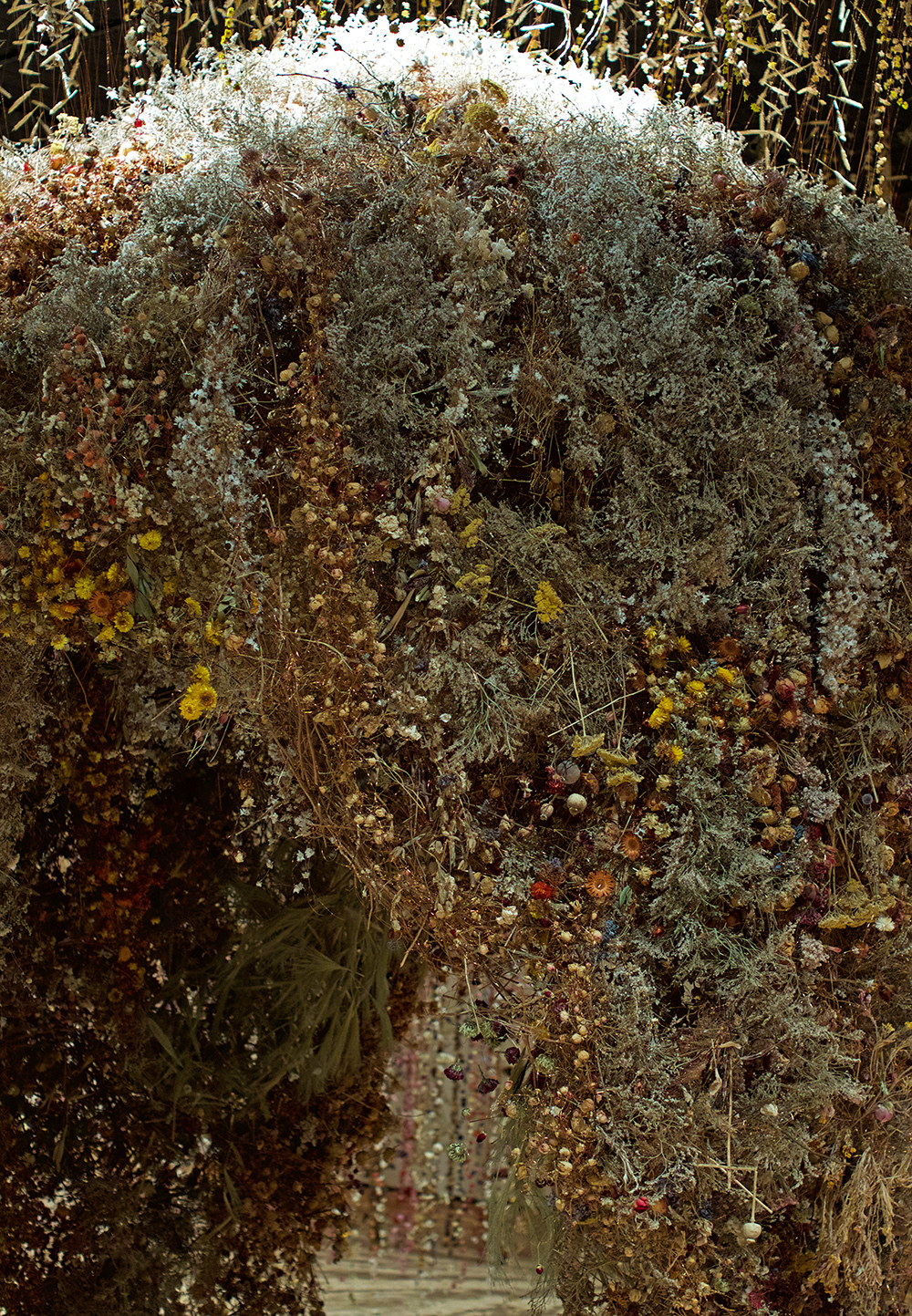 A sculpture by Rebecca Louise Law made of dried flowers, illuminated from the top.