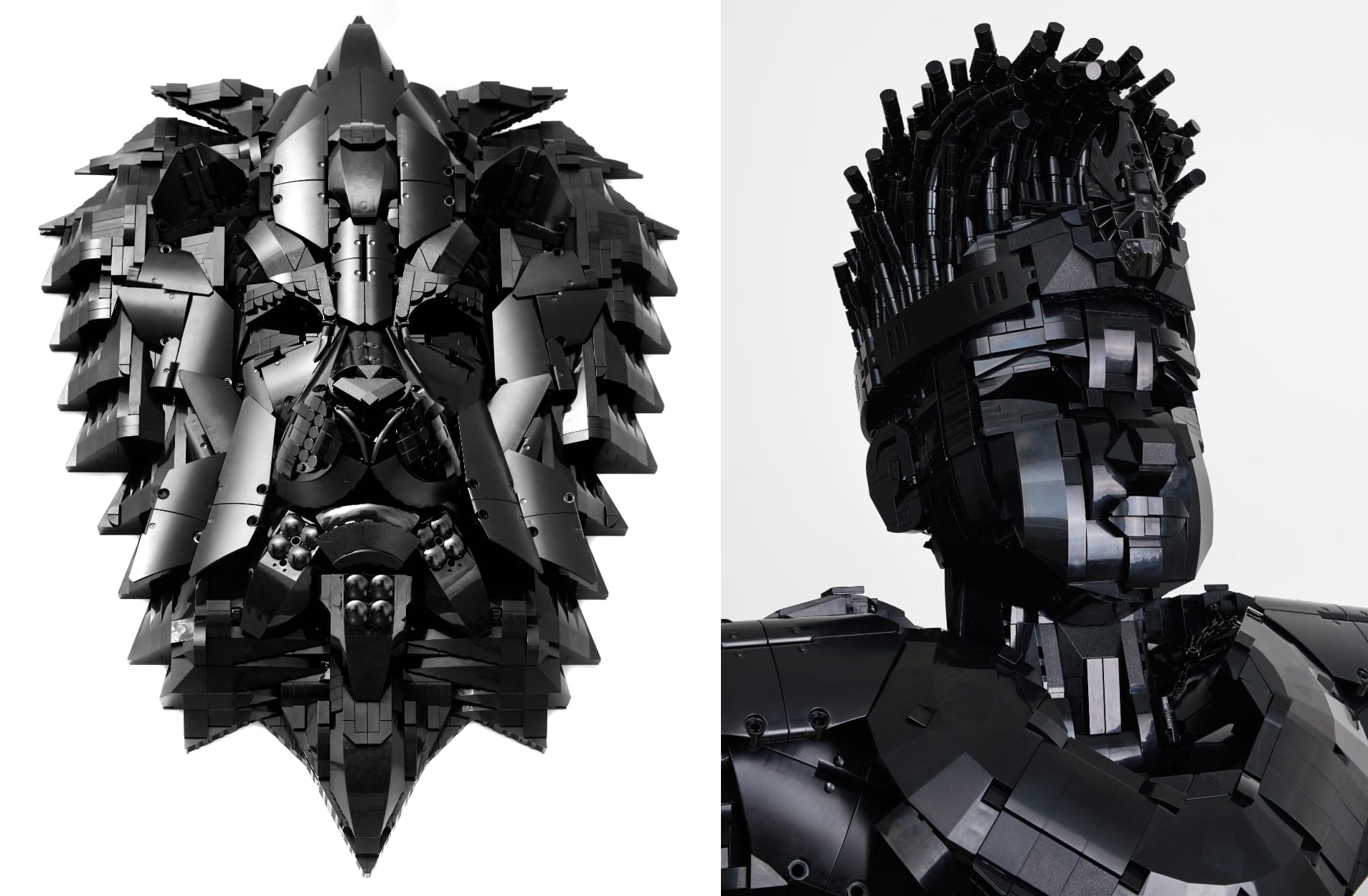 Two photos of a animalistic mask made of black LEGO and a figure made of black LEGO